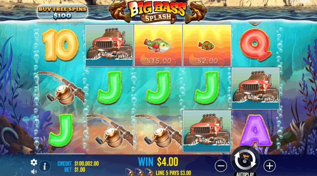 Big Bass Splash reels in play: a five-reel underwater grid with fishing rod, truck and letter symbols, a €4.00 win and the Buy Free Spins button
