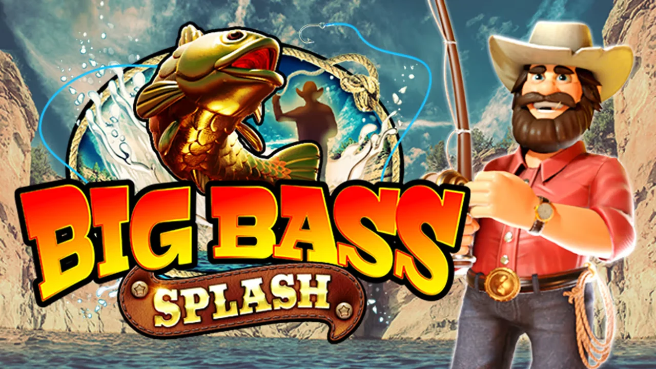 Big Bass Splash key art by Pragmatic Play: the cartoon fisherman casting a rod beside a leaping golden bass and the game logo